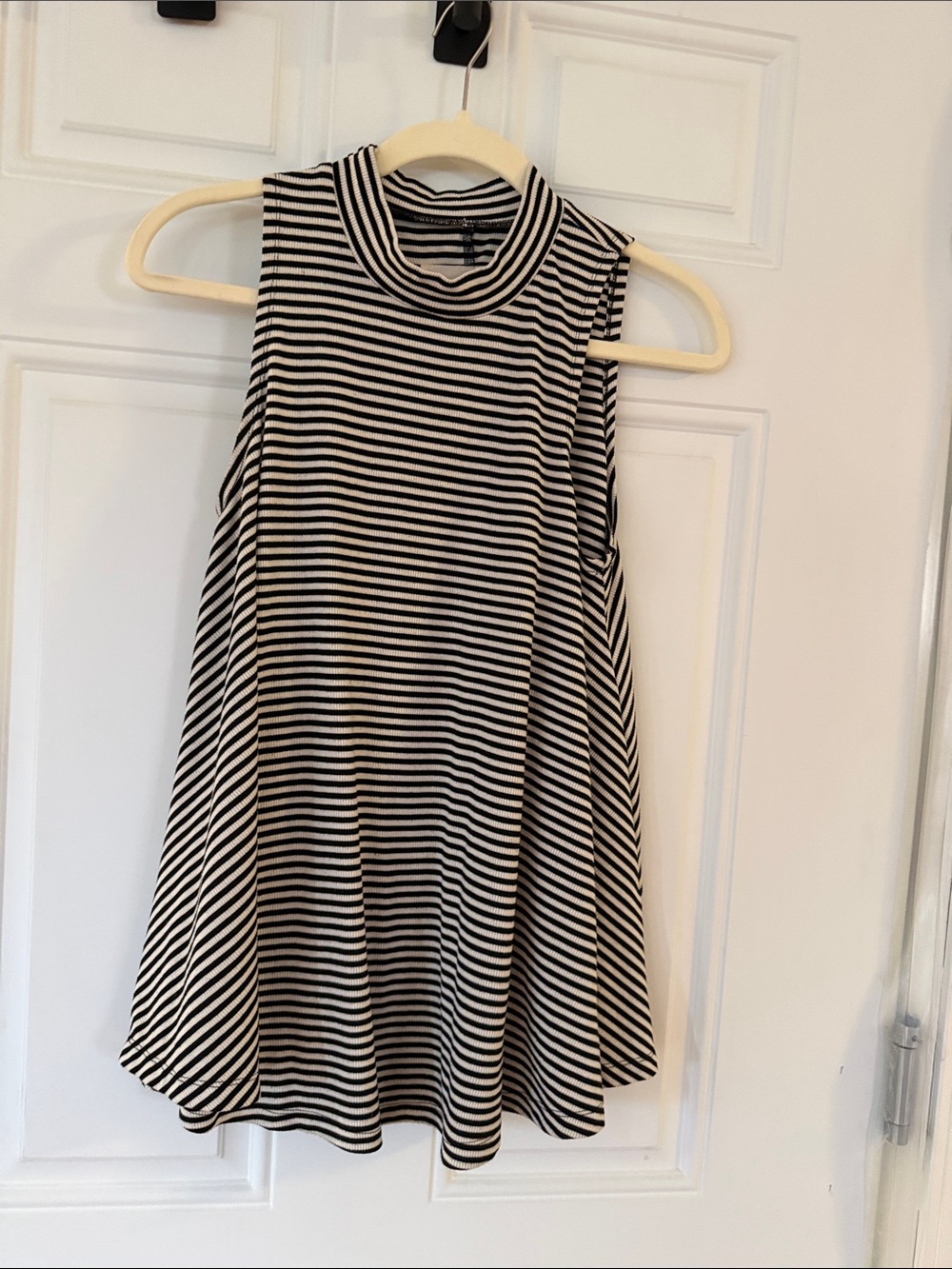 Together Black and White Striped Sleeveless Mock Neck Top